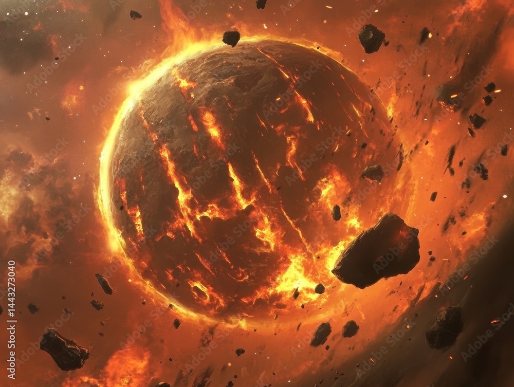 Poster fiery planet in space with asteroids and nebula creating a dramatic cosmic scene of destruction and 