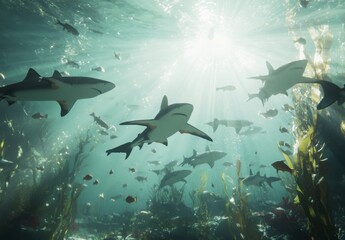 Fototapeta premium Ocean Scene of Fish Swimming in a Kelp Forest with Sunlight Rays