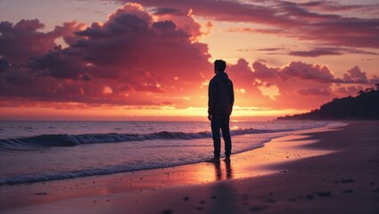Silhouette of a young man standing on a beach at sunset, gazing out at the ocean. The sky is ablaze with vibrant orange and purple hues.