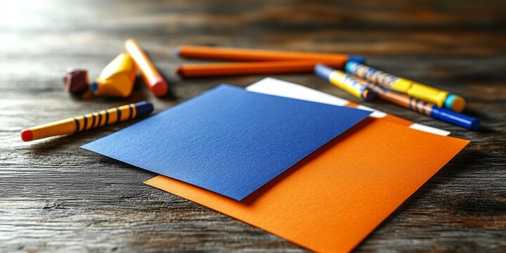Colorful handmade Father's Day card materials including blue and orange textured paper, crayons, and markers on a wooden surface