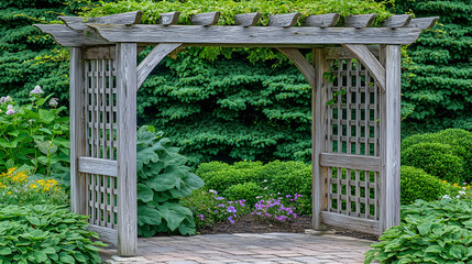 Rustic wooden garden arbor in lush green garden setting. Perfect for garden, landscaping, and outdoor living concepts.