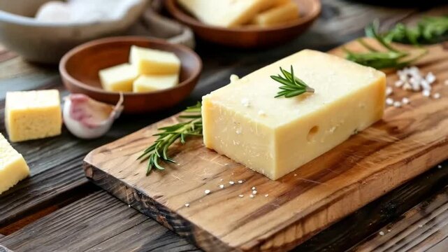 A piece of cheese is placed on a rectangular wooden cutting board, ready to be used as an ingredient in a delicious dish