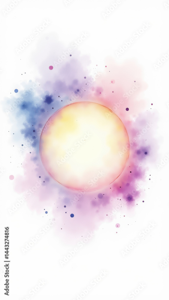Poster stylized illustration of an atom with a colorful nucleus and orbits, against a gradient backdrop.