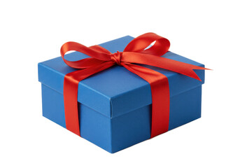 Obraz premium Blue gift box with red ribbon isolated on transparent background