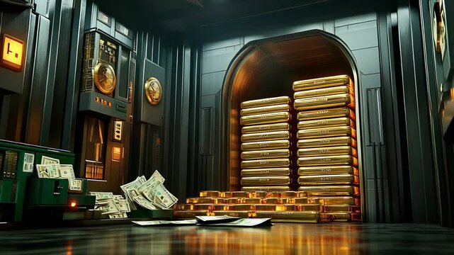 Money Stacks and Cash Piles Inside a Vault with Industrial Interior

