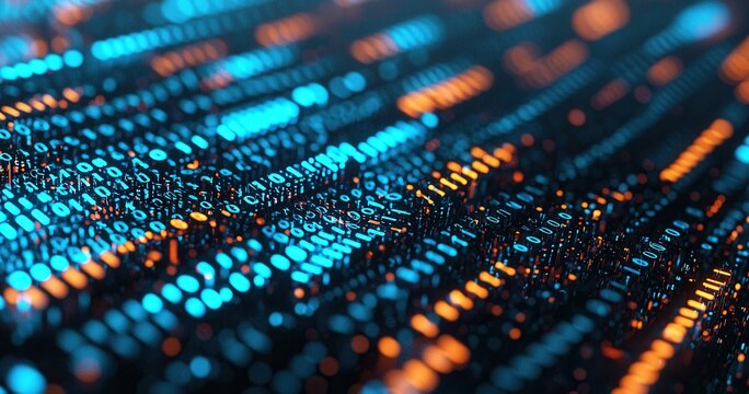 Abstract Data Flow with Blue and Orange Binary Code Lines