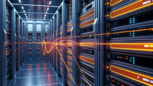 Futuristic Data Center Corridor with Glowing Network Streams