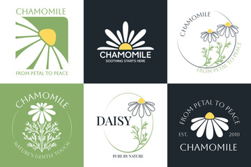Naklejka premium Set of vector logo of chamomile flower. Modern hand drawn vector daisy icons. Branding concept idea for herbal medicine, essential oil brand identity, herbal tea wellness, and beauty products