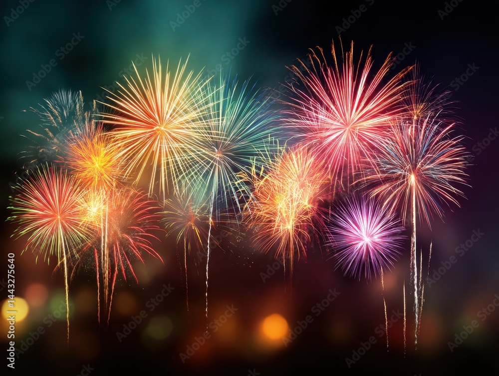 Poster vibrant fireworks illuminate the night sky creating a dazzling display of light and color celebratio