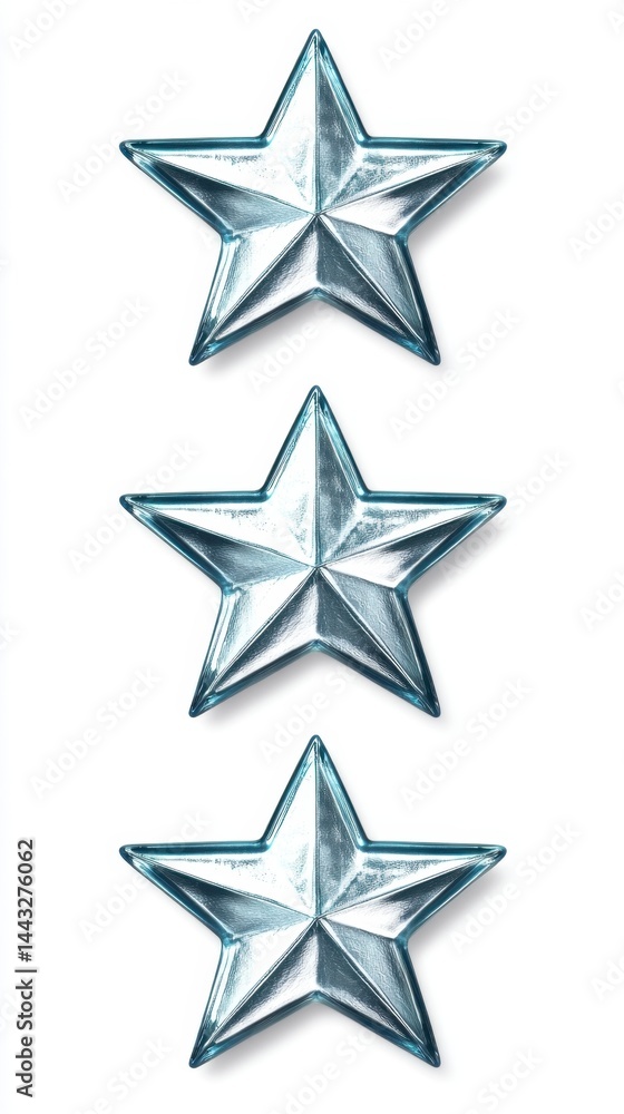 Poster three metallic blue stars aligned vertically on a white background casting soft shadows creating a m