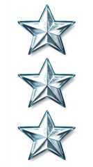 Obraz premium Three metallic blue stars aligned vertically on a white background casting soft shadows creating a minimalist and modern aesthetic perfect for decoration and design projects
