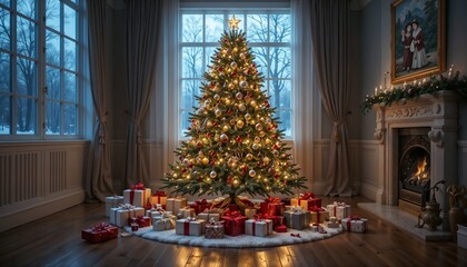 Fototapeta premium Decorated Christmas tree with gifts spreaded around on floor