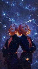 Obraz premium Digital artwork featuring two confident women against a cosmic backdrop filled with stars and constellations