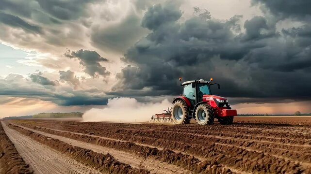 A powerful red tractor drives across a huge field under a dramatic stormy sky, highlighting the power of modern agriculture.