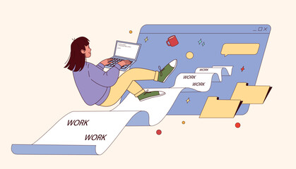 Female Programmer with Laptop Overwhelmed by Tasks. Coding Workflow, Endless Workload, Digital Files and Interface. Flat Vector Illustration Isolated on Light Background.