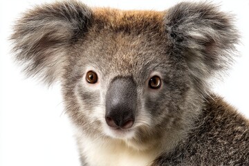 Fototapeta premium Close-up view of a koala showcasing detailed fur texture and expressive eyes against a plain white background
