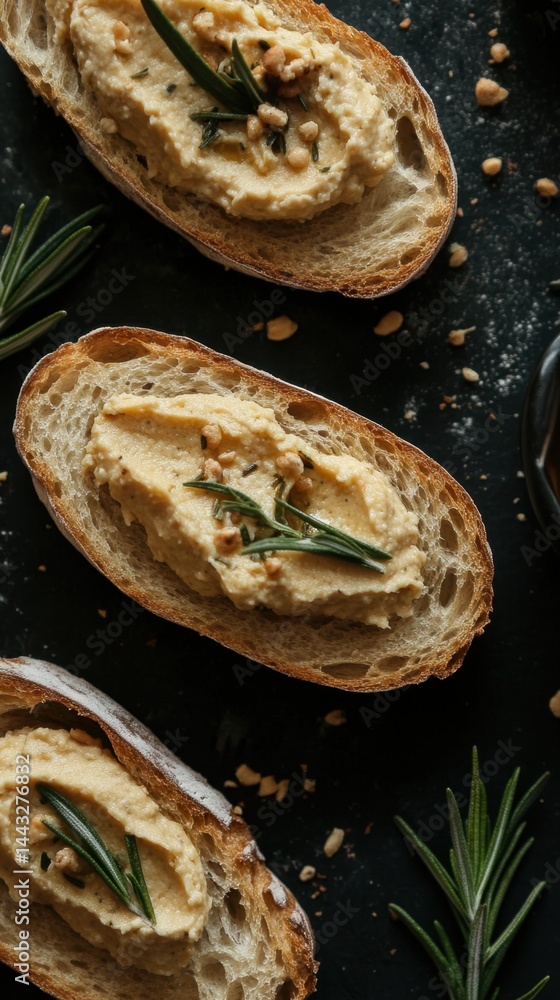 Poster rustic bread slices adorned with creamy hummus rosemary and pine nuts on a dark background creating 