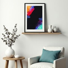 Black minimalist wall with geometric artwork and wooden shelves, wall, modern, Scandinavian