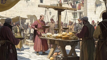 Medieval market scene with food stalls