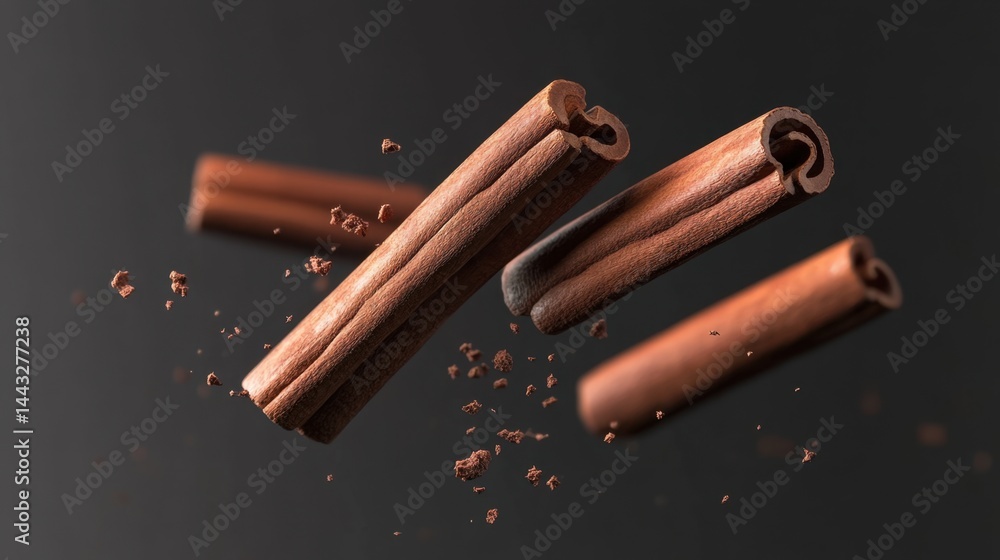 Poster aromatic cinnamon sticks floating in a dark space with a sprinkling of cinnamon powder creating a wa