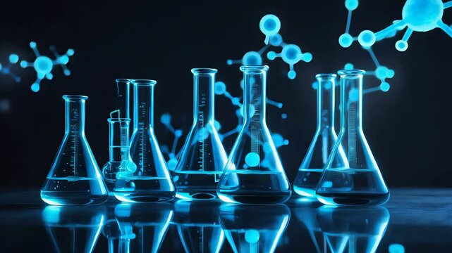 Glowing blue laboratory glassware including beakers and flasks with molecular structures in background on dark scientific research surface

