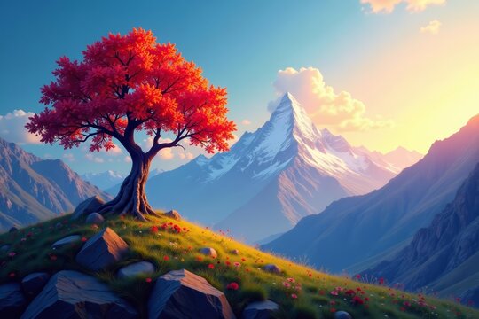 Abstract tree design on a tilted mountain backdrop, backdrop, silhouette, illustration