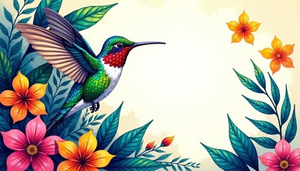 Abstract ink drawing of hummingbird surrounded by tropical foliage, decoration, art, design
