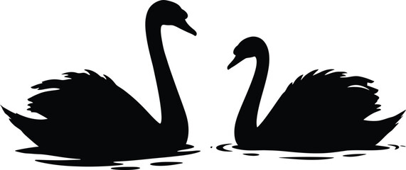 Romantic Swan Couple Silhouette on Water Vector | Black Swan Love Clipart for Sublimation and Print  Design  on transparent background .