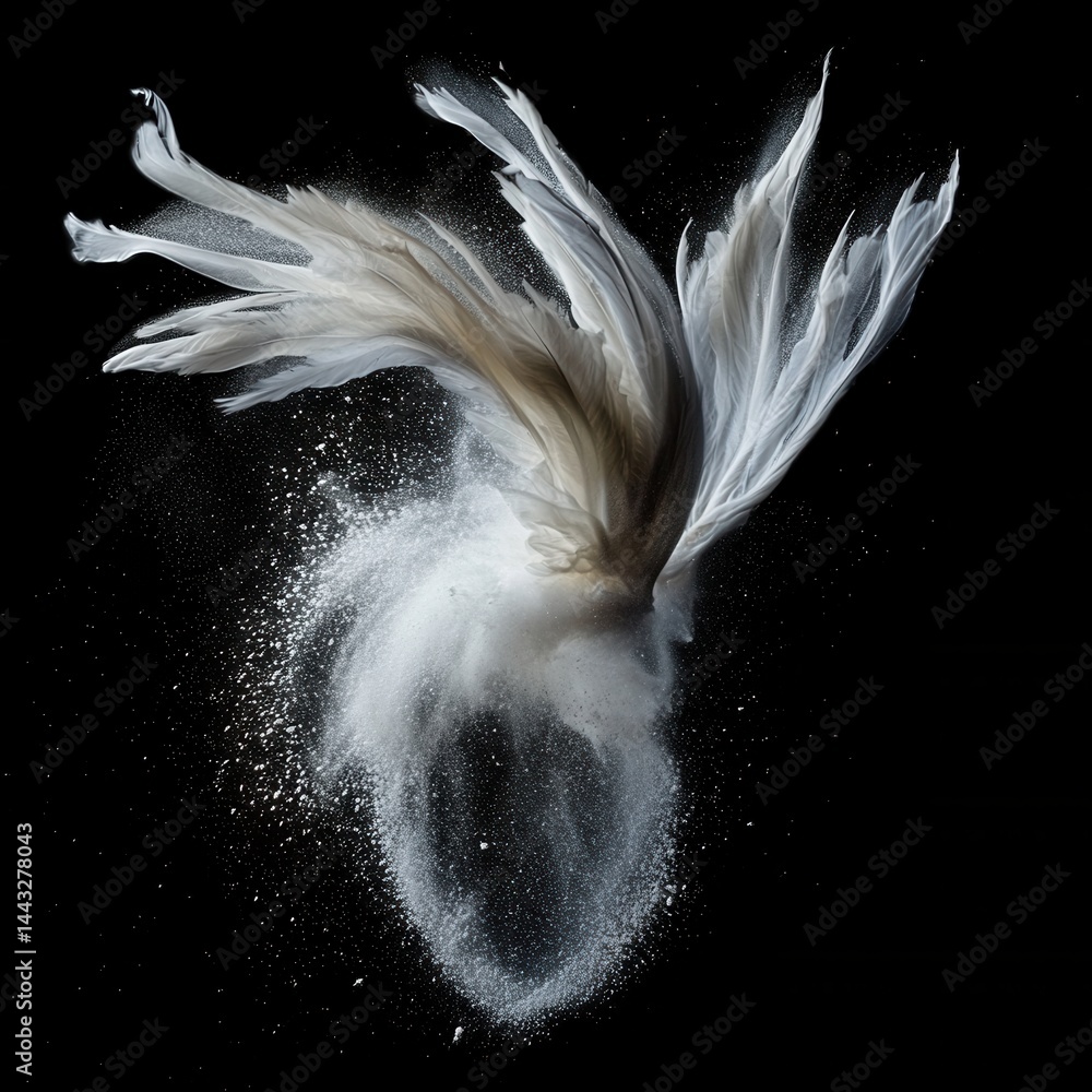 Poster ethereal dance of white feathers and powder against a stark black canvas creating a captivating visu