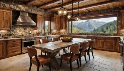 Fototapeta premium A contemporary restaurant interior features wood furniture and chairs around a dining table, bathed in warm light