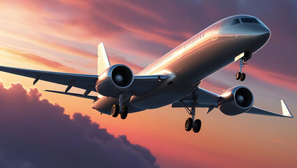 Naklejka premium Airplane Takeoff at Sunset: Commercial Aviation and Dramatic Sky