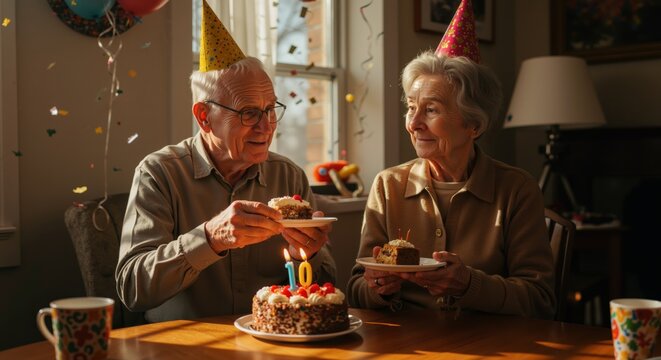 Elderly couple celebrating with birthday cake at home - Powered by Adobe