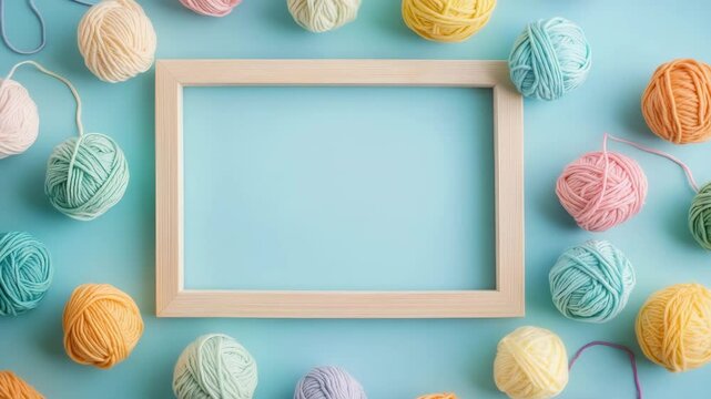 Wooden frame surrounded by colorful yarn balls