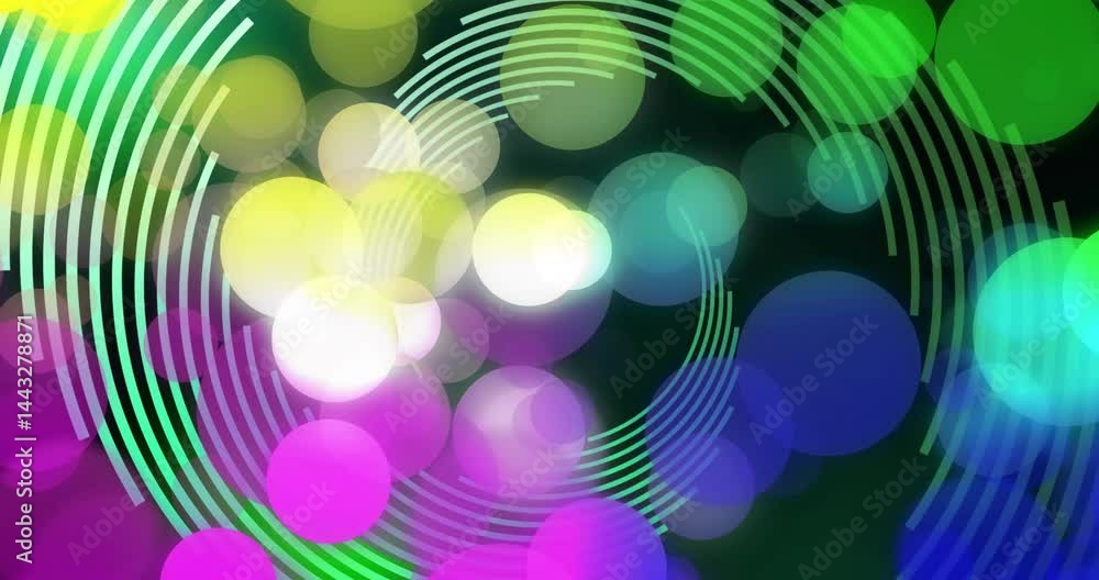 Poster abstract bokeh circles swirling in neon 3d render, featuring segmented concentric arc lines glowing