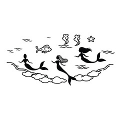 "Whimsical Mermaid Silhouette Vector Collection with Magical Sea Creatures and Ocean Fantasy Elements"