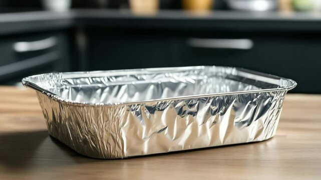 Empty aluminum foil food container sitting on kitchen counter