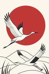 Elegant illustration of red sun (hinomaru) with white cranes in minimalist style
