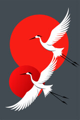 Powerful and simple composition with red sun and flying cranes as a symbol of Japanese culture
