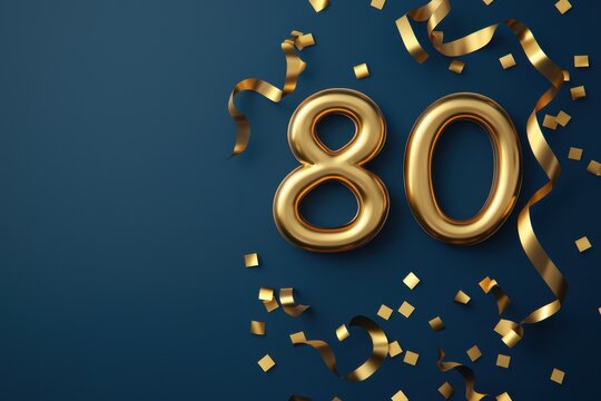 Golden Number 80 with Ribbon and Confetti on Blue Background