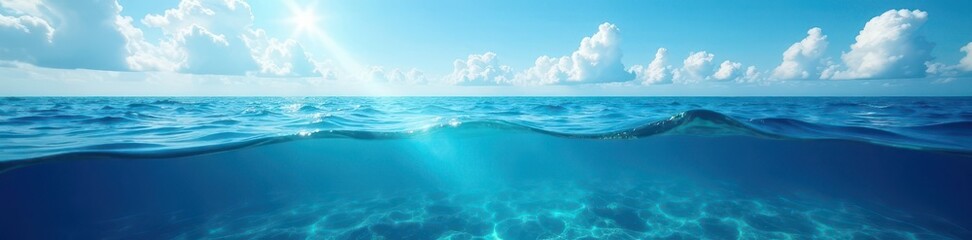 Deep blue ocean, cloudy sky above, vibrant underwater world, fish, beautiful, photo