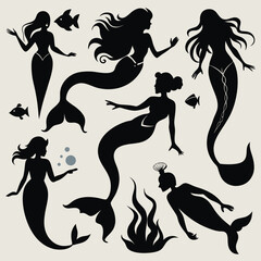 "Whimsical Mermaid Silhouette Vector Collection with Magical Sea Creatures and Ocean Fantasy Elements"