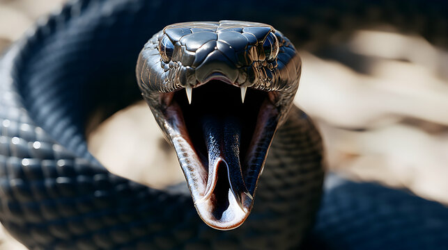 Close-up of a black snake with its mouth open, showcasing its fangs and tongue. A dramatic and detailed image perfect for illustrating danger, wild animals, or nature.