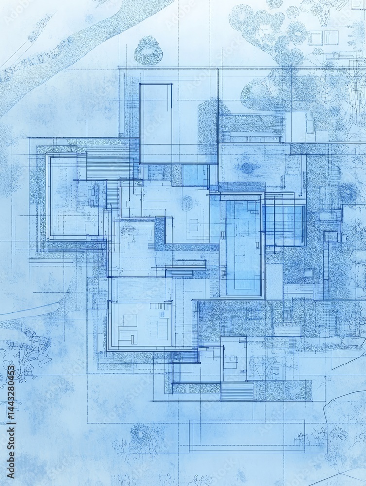 Aufkleber abstract blueprint of a building with geometric shapes and lines in shades of blue. architectural dr