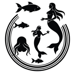 "Whimsical Mermaid Silhouette Vector Collection with Magical Sea Creatures and Ocean Fantasy Elements"