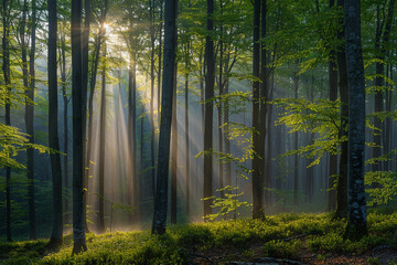 Enchanting beauty of misty forest at spring sunrise with dappled light, dew-covered scenery, and refreshing feeling of changing seasons captures essence of nature's renewal  
