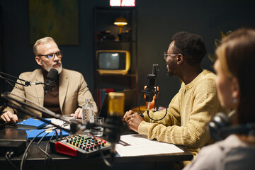 People having conversation and discussing an interesting topic during online podcast