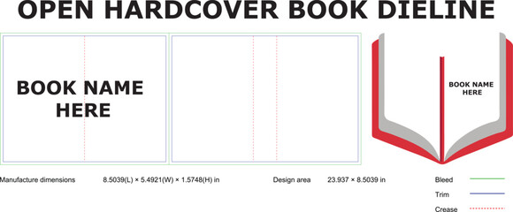 Professional Open Hardcover Book Dieline Template Layout for Publishing and Graphic Design Projects