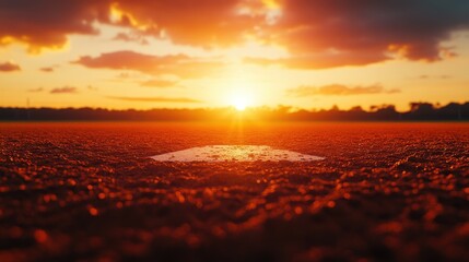 Sunset over a baseball field, showcasing the home plate with a warm orange glow, perfect for evening games.