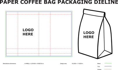 Paper coffee bag packaging dieline template with dimensions ready for custom logo design