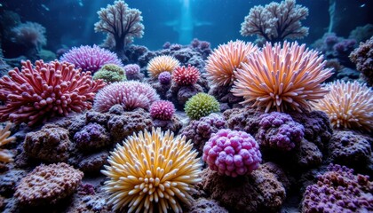 Fototapeta premium A vibrant underwater scene filled with colorful coral formations in various shapes and sizes, creating a rich marine ecosystem.